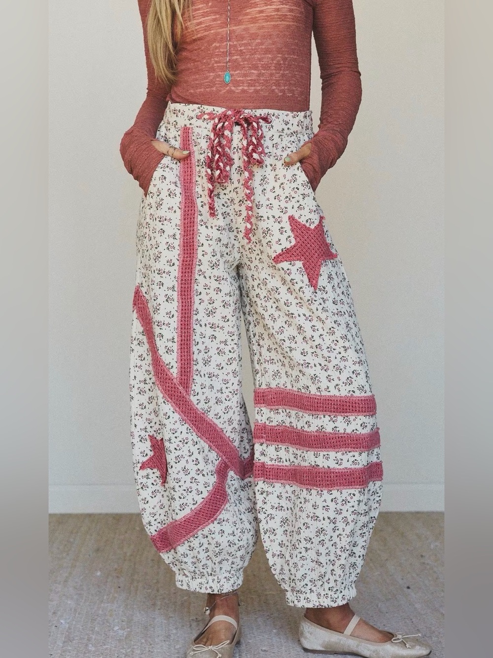 Boho Floral Patchwork Wide Leg Pants with Pink Crochet Stars ⭐️ by POL